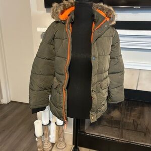 Kids Olive Green Puffer Jacket with Faux Fur Hood